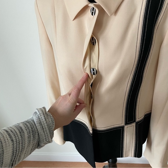 Louis Feraud Cream Black Geometric Color Block Wool Hidden Button Blazer Jacket - Picture 7 of 12